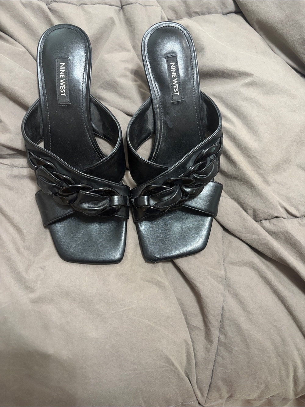 Nine West Black Chain-Trim Square-Toe Slide Mules